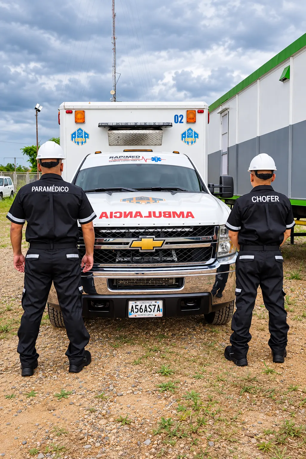 Paramédico y chofer de TRANSFERSINCA frente a la ambulancia