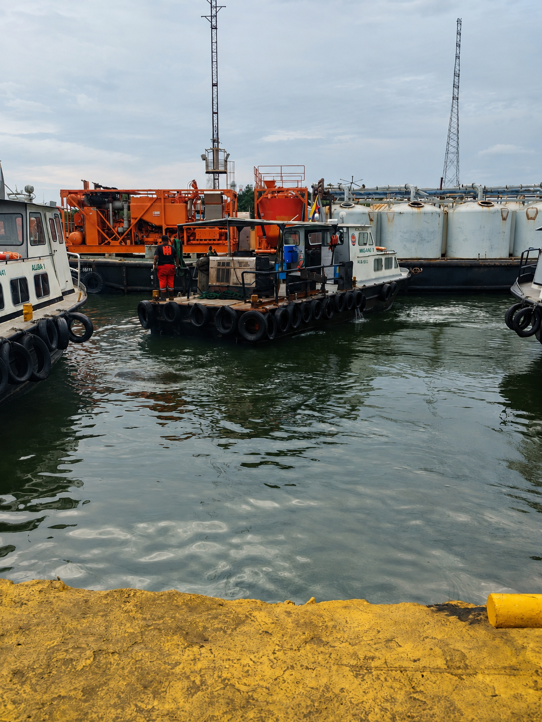 Barcazas con equipos de cementación en operaciones sobre el Lago de Maracaibo